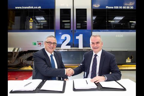 The contract for the 21 extra cars was signed by Translink Group Chief Executive Chris Conway and CAF’s Group Commercial Director Josu Esnaola.